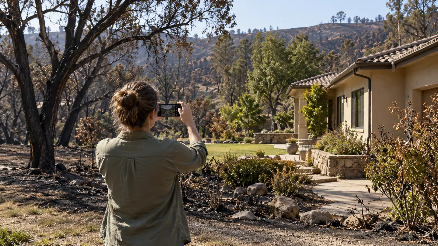 Homeowner documenting visible conditions at a wildfire-affected property